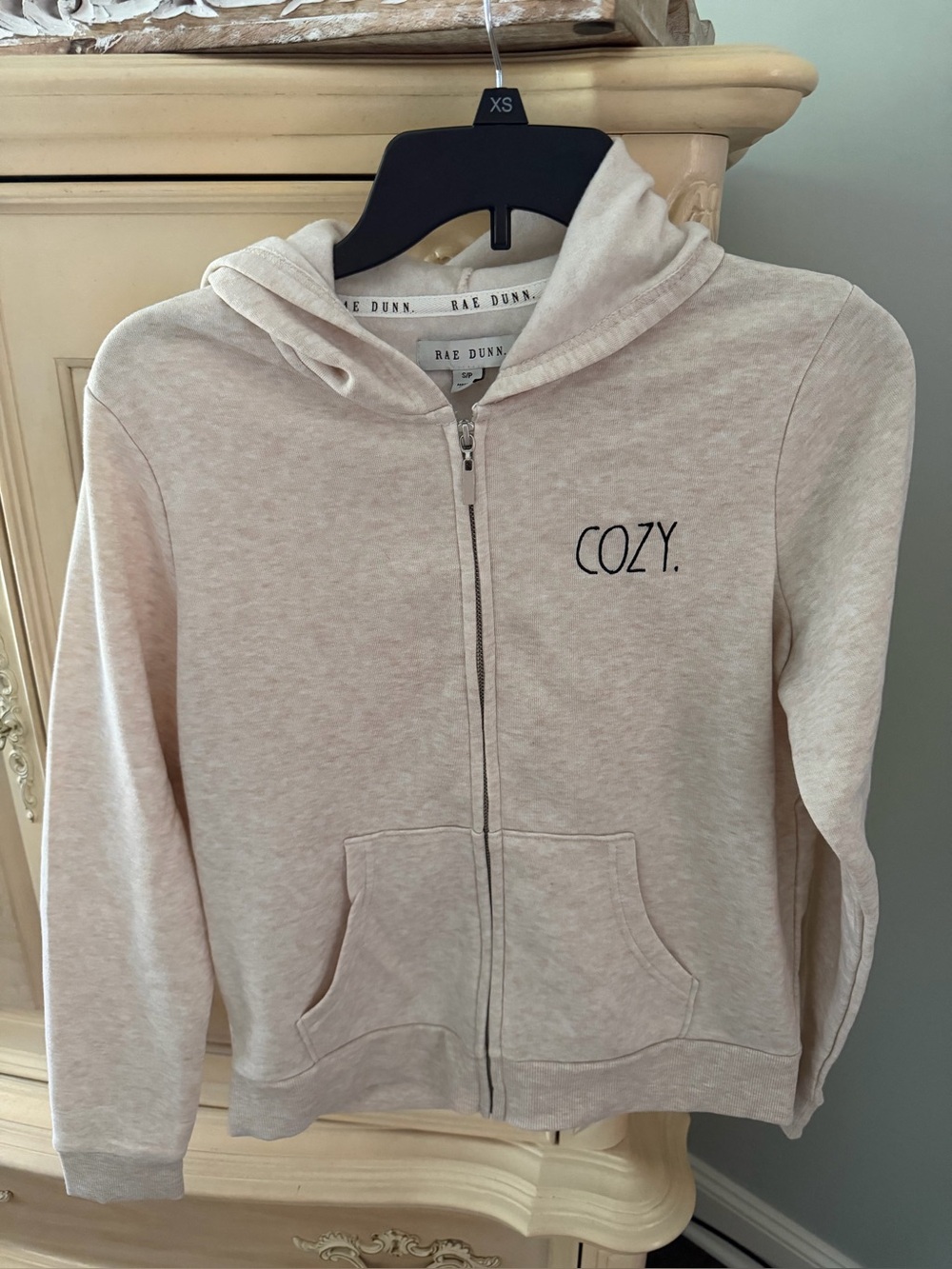 Rae Dunn women's' Zip-Up Hoodie in Cream with COZY. Graphic